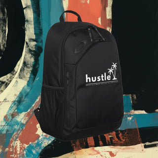 My Store H2Elite 22L Method 360 black backpack with white hustle palm tree graphic against an abstract art background.