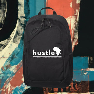 My Store H2Elite 22L Method 360 Ellipse black backpack with white Hustle graphic against an abstract art background.