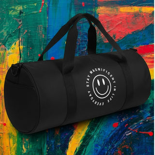 My Store H2Elite heavyweight black cotton canvas duffel bag with a white smiley face graphic and carry handles.