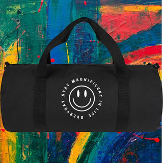 My Store H2Elite heavyweight black cotton canvas duffel bag with a white smiley face graphic and text print.
