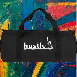 My Store H2Elite heavyweight black cotton canvas duffel bag with white Hustle graphic against abstract art background.