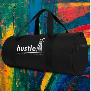 My Store H2Elite heavyweight black cotton canvas duffel bag with white hustle graphic against abstract art background.
