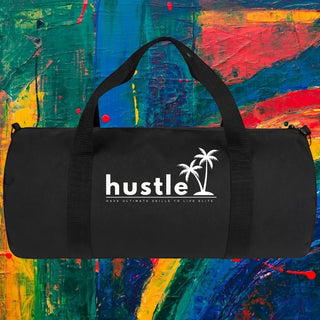 My Store H2Elite heavyweight black cotton canvas duffel bag with white Hustle palm tree graphic print.