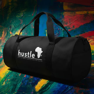 My Store H2Elite heavyweight black cotton canvas duffel bag with white Hustle print, featuring durable carry handles.