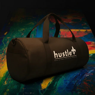 My Store H2Elite heavyweight black cotton canvas duffel bag with white Hustle graphic on a colorful abstract background