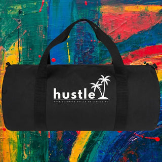 My Store H2Elite heavyweight black cotton canvas duffel bag with white Hustle palm tree graphic print.