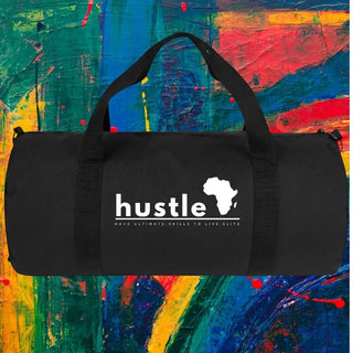My Store H2Elite heavyweight black cotton canvas duffel bag with white Hustle graphic against abstract art background