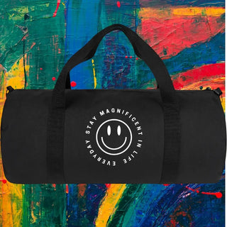 My Store H2Elite heavyweight black cotton canvas duffel bag with a white smiley face graphic and text print.