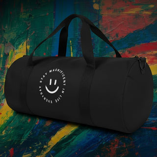My Store H2Elite heavyweight black cotton canvas duffel bag with a white smiley face graphic and minimalist design.