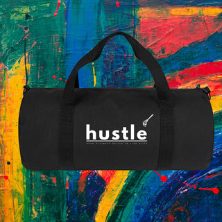 My Store H2Elite heavyweight black cotton canvas duffel bag with white Hustle graphic against abstract art background