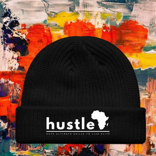 My Store H2Elite Fisherman Beanie in black acrylic with wide ribbed knit and white Hustle graphic on fold-over cuff.