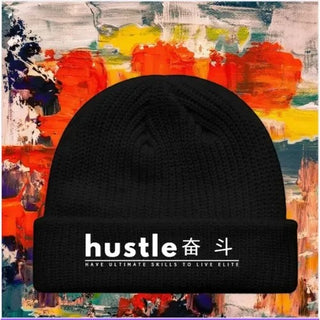 My Store H2Elite™ black fisherman beanie with white Hustle graphic and wide ribbed knit texture.