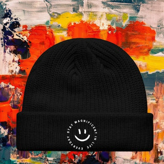 My Store H2Elite fisherman beanie in black acrylic with a wide ribbed knit and a circular SMILE logo embroidery.