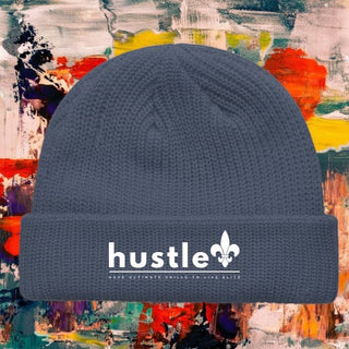 My Store H2Elite fisherman beanie in charcoal grey with white Hustle logo embroidery and wide ribbed knit texture.