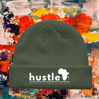 My Store H2Elite Fisherman Beanie in olive green with a white Hustle graphic and ribbed knit texture.