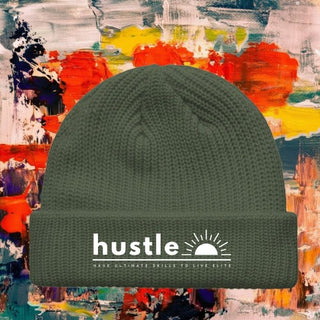 My Store H2Elite Fisherman Beanie in olive green with a white Hustle graphic on the fold-over cuff.