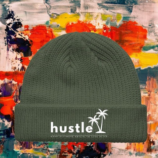 My Store H2Elite Fisherman Beanie in olive green with a white Hustle palm tree graphic on the fold-over cuff.