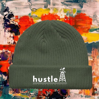 My Store H2Elite olive green fisherman beanie with wide ribbed knit and white Hustle graphic on the fold-over cuff.