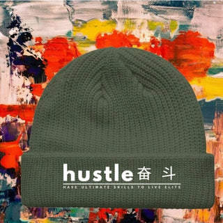 My Store H2Elite olive green fisherman beanie with white Hustle graphic, wide ribbed knit acrylic streetwear style.