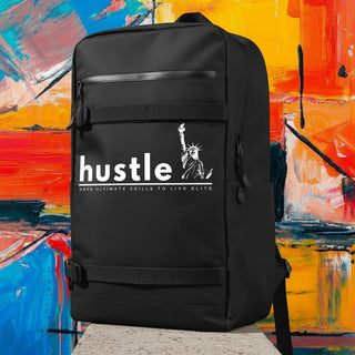 My Store H2Elite recycled black backpack with white Hustle graphic and board straps against abstract art background.