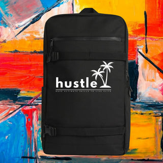 My Store H2Elite recycled black backpack with front utility straps and white hustle palm tree graphic print.
