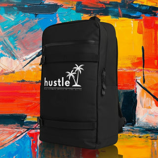 My Store H2Elite recycled black backpack with front utility straps and white palm tree hustle graphic on colorful art.