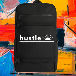 My Store H2Elite recycled black backpack with front board straps, YKK zip pocket, and white Hustle graphic print.