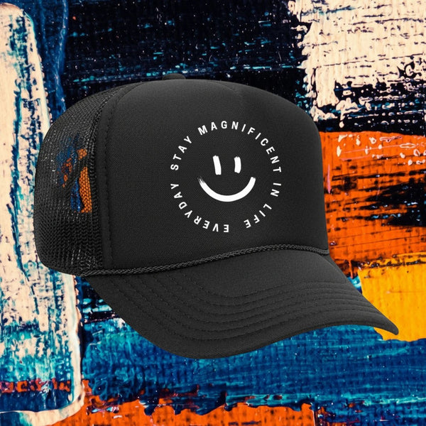 My Store black 5-panel trucker hat with mesh back, foam front, rope detail, and Stay Magnificent In Life Everyday print.