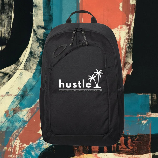 My Store H2Elite 22L Method 360 Ellipse black backpack with white hustle palm tree graphic on an abstract background.