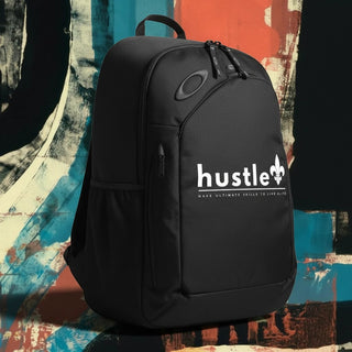 My Store H2Elite 22L Method 360 Ellipse black backpack with white Hustle graphic and durable utility design.