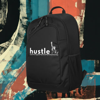 My Store H2Elite 22L Method 360 Ellipse black backpack with white Hustle graphic and Statue of Liberty icon.
