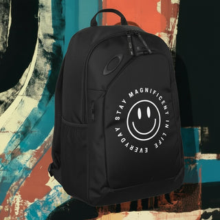 My Store H2Elite 22L Method 360 black backpack with a white smiley face graphic and Stay Magnificent In Life Everyday