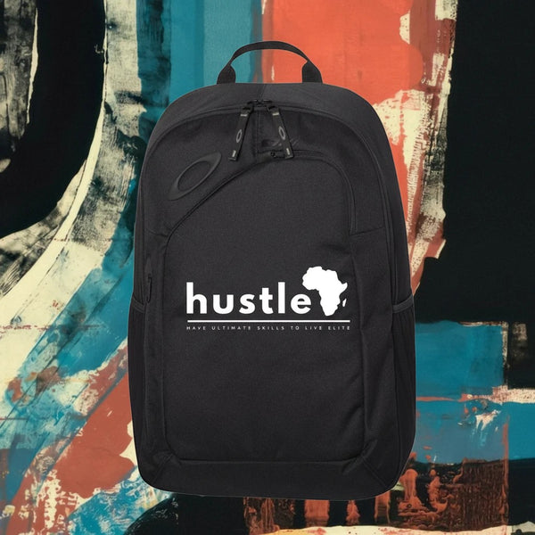 My Store H2Elite 22L Method 360 Ellipse black backpack with white Hustle graphic against an abstract art background.