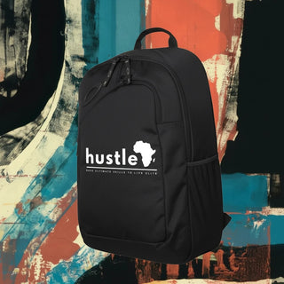 My Store H2Elite 22L Method 360 Ellipse black backpack with white Hustle graphic against an abstract painted background.