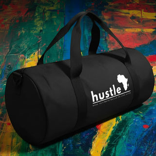 My Store H2Elite heavyweight black cotton canvas duffel bag with white Hustle graphic against a colorful abstract background.