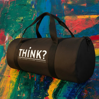 My Store H2Elite heavyweight black cotton canvas duffel bag with white THINK? graphic against a colorful background.