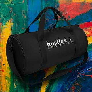 My Store H2Elite heavyweight black cotton canvas duffel bag with white hustle graphic, featuring durable carry handles.
