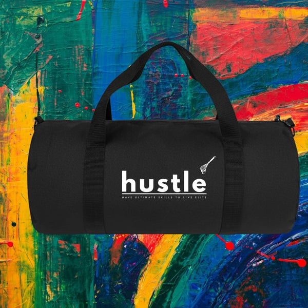 My Store H2Elite heavyweight black cotton canvas duffel bag with white hustle graphic against abstract art background