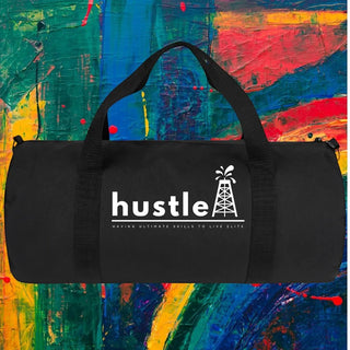 My Store H2Elite heavyweight black cotton canvas duffel bag with white Hustle graphic against abstract art background.
