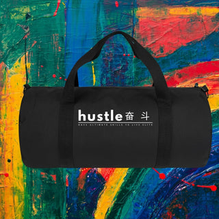 My Store H2Elite heavyweight black cotton canvas duffel bag with white Hustle graphic against abstract art background.