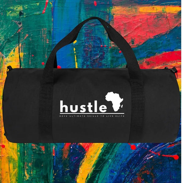 My Store H2Elite heavyweight black cotton canvas duffel bag with white Hustle graphic against abstract art background.