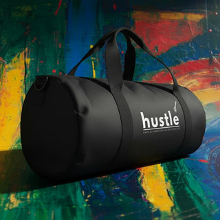 My Store H2Elite heavyweight black cotton canvas duffel bag with white hustle graphic against abstract art background.