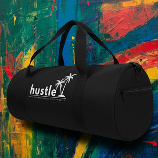 My Store H2Elite heavyweight black cotton canvas duffel bag with white hustle palm tree graphic and side zip pocket.