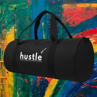 My Store H2Elite heavyweight black cotton canvas duffel bag with white hustle graphic against abstract colorful background