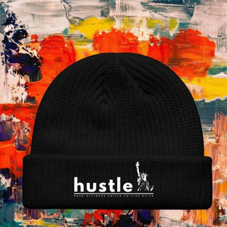 My Store H2Elite fisherman beanie in black acrylic with wide ribbed knit and white Hustle graphic on the fold-over.