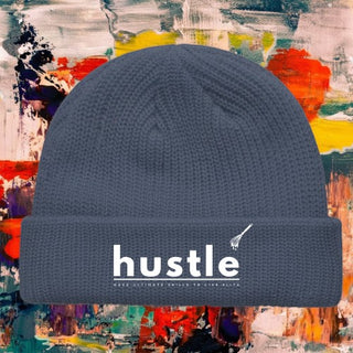 My Store H2Elite fisherman beanie in charcoal grey acrylic with wide ribbed knit and white Hustle graphic embroidery.