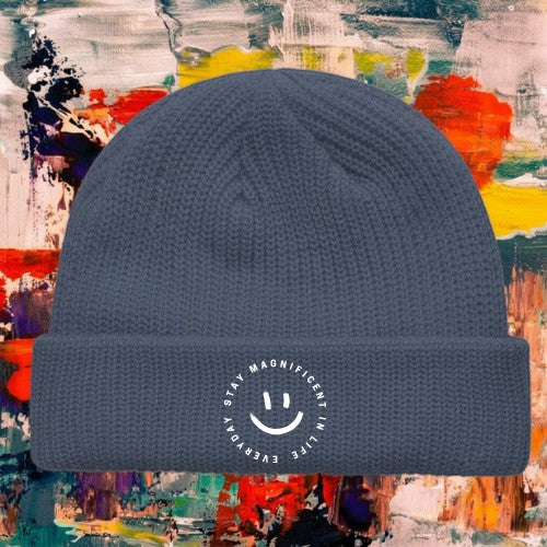 My Store H2Elite Fisherman Beanie in charcoal grey with a white circular SMILE graphic on the ribbed fold-over cuff.