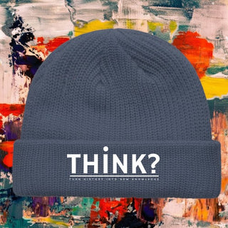 My Store H2Elite Fisherman Beanie in charcoal grey acrylic with white THINK? embroidery on a colorful abstract background