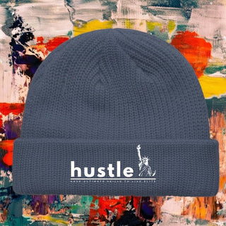 My Store H2Elite Fisherman Beanie in charcoal grey acrylic with white Hustle graphic against abstract art background.