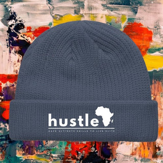 My Store H2Elite Fisherman Beanie in charcoal grey with white Hustle graphic print on the ribbed fold-over cuff.